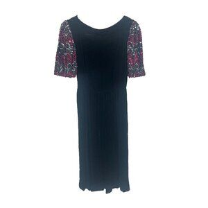 Vintage 90s Nuit Black Velvet Midi Dress Sequins Short Sleeves Sz 10 Sparkle